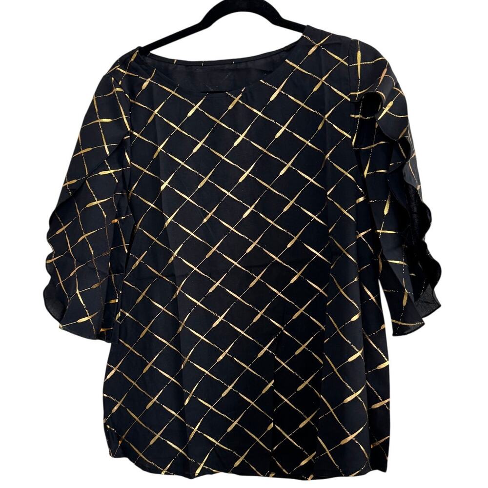 NWOT Women's Dressy Blouse Summer Chiffon Blouse Black Gold Sheer Open Sleeve M